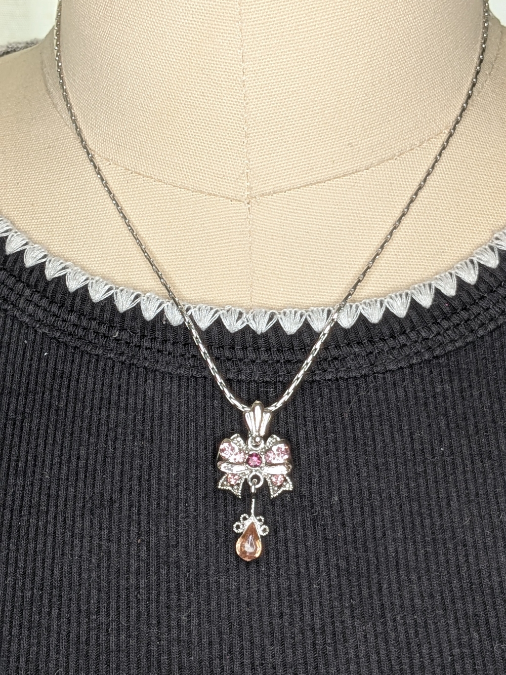 Silver Tone Pink Rhinestone Ribbon Bow Teardrop Pendant Necklace Coquette Y2K